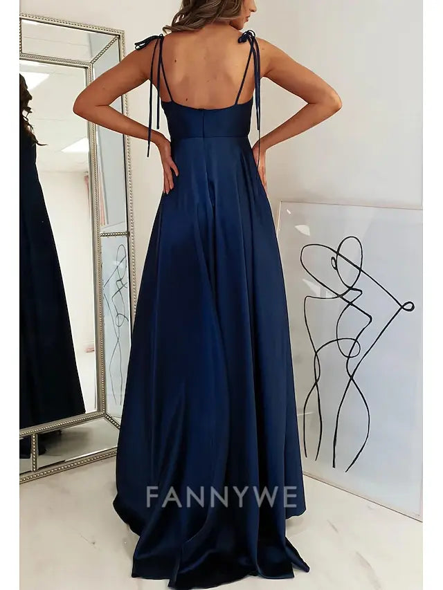 FannyWe Simple A-Line Wedding Guest Dresses Elegant Dress Formal Prom Floor Length Sleeveless Spaghetti Strap Satin with Ruched Strappy